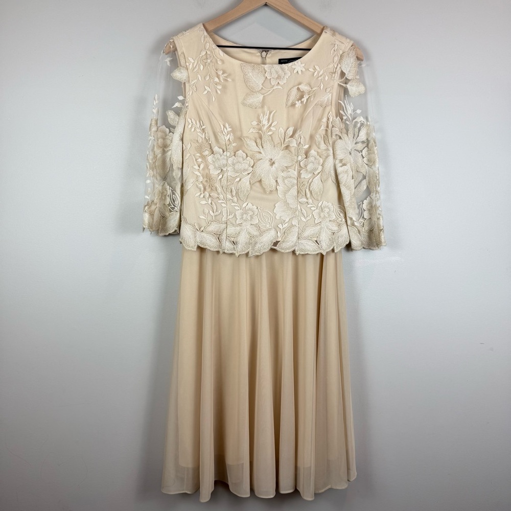 Alex Evenings Midi Dress Women 4 Petite Beige Illusion Sleeve Floral Embroidered